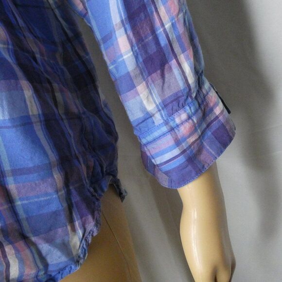 Black by Moussy Plaid Button Up Tab Sleeve Shirt Blue Pink Lighyweight - Picture 4 of 9